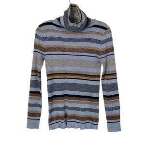 Vintage 70s 80s Metallic Lurex Striped Turtleneck Sweater Gold Silver Bronze